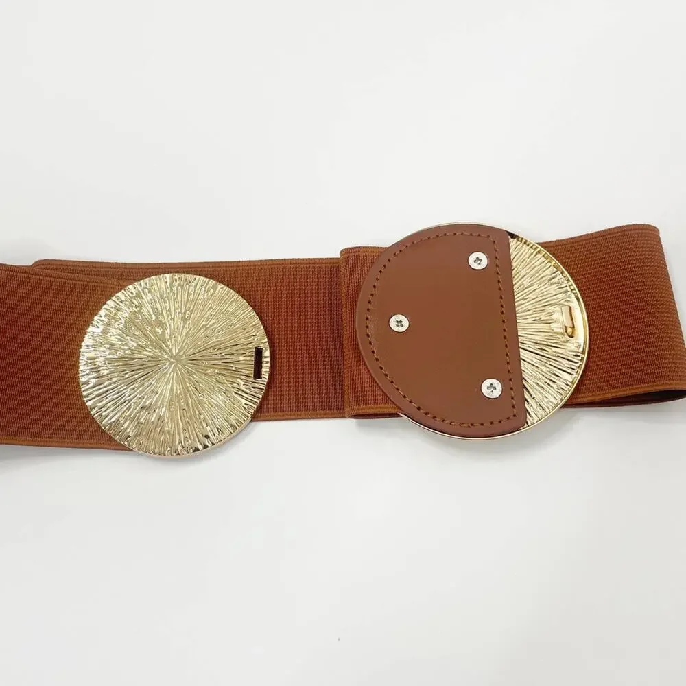 2/$30 NEW Elastic Wide Corset Safe Waist Belt Metallic Snap Buckle Brown Cinch…